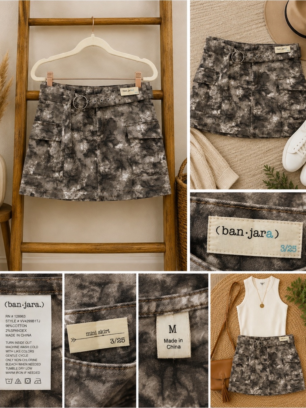 Ban.Jara Gray Tie-Dye Mini Skirt with Belt Detail